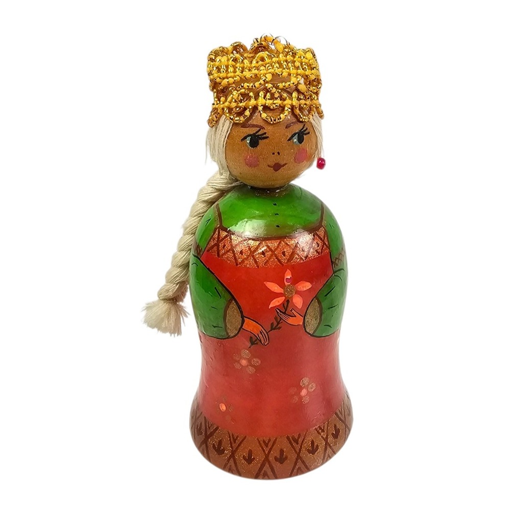 Vtg Russian Hand Painted Wooden Folk Art Princess Ornament Gold Beaded Crown